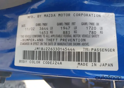 2003 Mazda Protege Dx/Es/Lx from USA, damaged, VIN JM1BJ226330145444